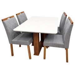 Mesa De Jantar Florenca 120x80cm Com Vidro E 4 Cadeiras California Em Linho Estofadas Lj Moveis Cinamomo Off White Com Tecido Cinza 63690