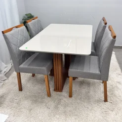 Mesa De Jantar Florenca 120x80cm Com Vidro E 4 Cadeiras California Em Veludo Estofadas Lj Moveis 21600