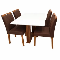 Mesa De Jantar Florenca 120x80cm Com Vidro E 4 Cadeiras California Em Veludo Estofadas Lj Moveis Cinamomo Off White Com Tecido Marrom 78070
