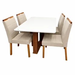 Mesa De Jantar Florenca 120x80cm Com Vidro E 4 Cadeiras Giulia Em Veludo Estofadas Lj Moveis Cinamomo Off White Com Tecido Bege 36498