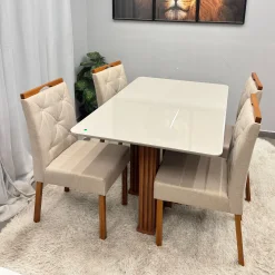 Mesa De Jantar Florenca 120x80cm Com Vidro E 4 Cadeiras Jasmim Em Linho Estofadas Lj Moveis 11157