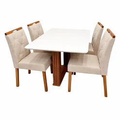 Mesa De Jantar Florenca 120x80cm Com Vidro E 4 Cadeiras Jasmim Em Linho Estofadas Lj Moveis Cinamomo Off White Com Tecido Bege 60544