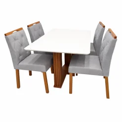 Mesa De Jantar Florenca 120x80cm Com Vidro E 4 Cadeiras Jasmim Em Linho Estofadas Lj Moveis Cinamomo Off White Com Tecido Cinza 56885
