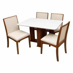 Mesa De Jantar Florenca 120x80cm Com Vidro E 4 Cadeiras Lara Kappesberg Em Linho Madeira Lj Moveis Cinamomo Off White Com Tecido Bege 31838