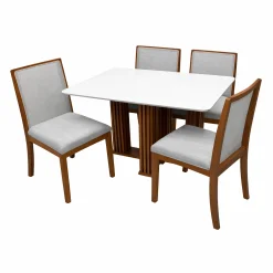 Mesa De Jantar Florenca 120x80cm Com Vidro E 4 Cadeiras Lara Kappesberg Em Linho Madeira Lj Moveis Cinamomo Off White Com Tecido Cinza 46914