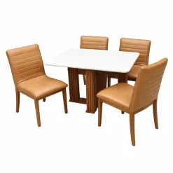 Mesa De Jantar Florenca 120x80cm Com Vidro E 4 Cadeiras Sofia Em Corino Madeira Lj Moveis Cinamomo Off White Com Tecido Caramelo 47443