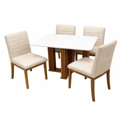 Mesa De Jantar Florenca 120x80cm Com Vidro E 4 Cadeiras Sofia Em Linho Madeira Lj Moveis Cinamomo Off White Com Tecido Bege 42622