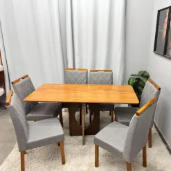 Mesa De Jantar Madrid Dubai 160x80cm Sem Vidro E 6 Cadeiras California Em Linho Madeira Minas Plac 96673