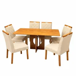 Mesa De Jantar Madrid Dubai 160x80cm Sem Vidro E 6 Cadeiras California Em Linho Madeira Minas Plac Cinamomo Com Tecido Bege 77735