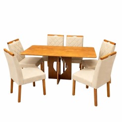 Mesa De Jantar Madrid Dubai 160x80cm Sem Vidro E 6 Cadeiras California Em Veludo Estofadas Minas Plac Cinamomo Com Tecido Bege 58187
