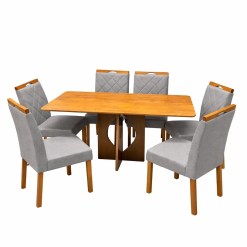 Mesa De Jantar Madrid Dubai 160x80cm Sem Vidro E 6 Cadeiras California Em Veludo Estofadas Minas Plac Cinamomo Com Tecido Cinza 35628