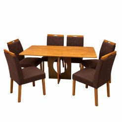 Mesa De Jantar Madrid Dubai 160x80cm Sem Vidro E 6 Cadeiras California Em Veludo Estofadas Minas Plac Cinamomo Com Tecido Marrom 48341