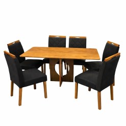 Mesa De Jantar Madrid Dubai 160x80cm Sem Vidro E 6 Cadeiras California Em Veludo Estofadas Minas Plac Cinamomo Com Tecido Preto 66642