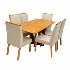 Mesa De Jantar Madrid Dubai 160x80cm Sem Vidro E 6 Cadeiras Giulia Em Linho Estofadas Minas Plac Cinamomo Com Tecido Bege 80142