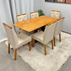Mesa De Jantar Madrid Dubai 160x80cm Sem Vidro E 6 Cadeiras Jasmim Em Linho Estofadas Minas Plac 89729
