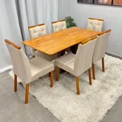 Mesa De Jantar Madrid Dubai 160x80cm Sem Vidro E 6 Cadeiras Jasmim Em Linho Estofadas Minas Plac 89729