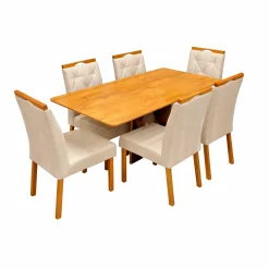 Mesa De Jantar Madrid Dubai 160x80cm Sem Vidro E 6 Cadeiras Jasmim Em Linho Estofadas Minas Plac Cinamomo Com Tecido Bege 29475