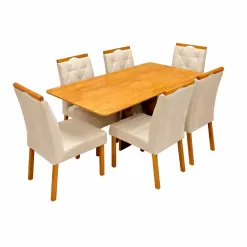 Mesa De Jantar Madrid Dubai 160x80cm Sem Vidro E 6 Cadeiras Jasmim Em Linho Estofadas Minas Plac Cinamomo Com Tecido Bege 29475