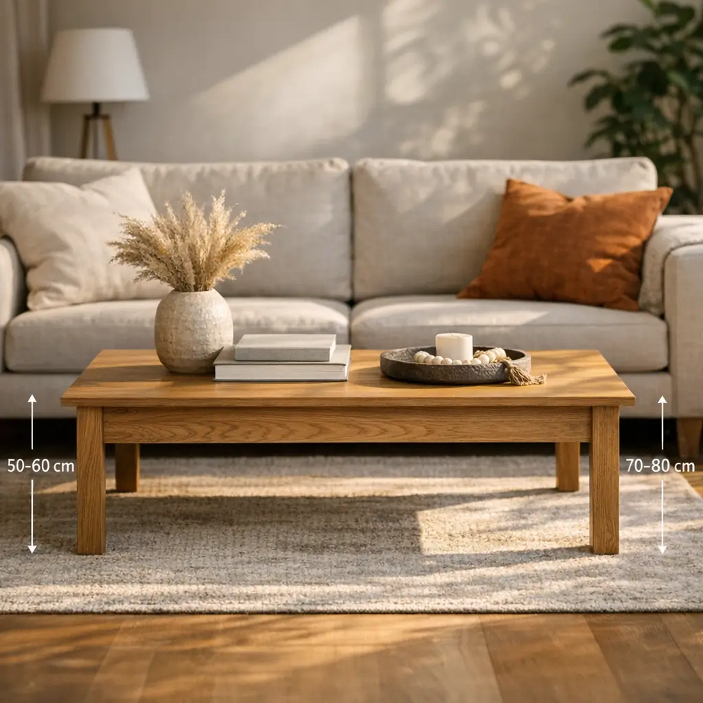 Mesa de centro: altura ideal e distância do sofá, mesa de madeira com sofá e medidas 50-60 cm e 70-80 cm