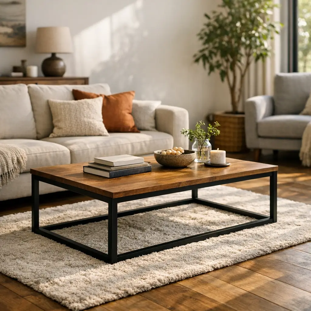 Mesa de centro: altura ideal e distância do sofá, mesa madeira com pés pretos, livros e vela em sala com sofá e tapete