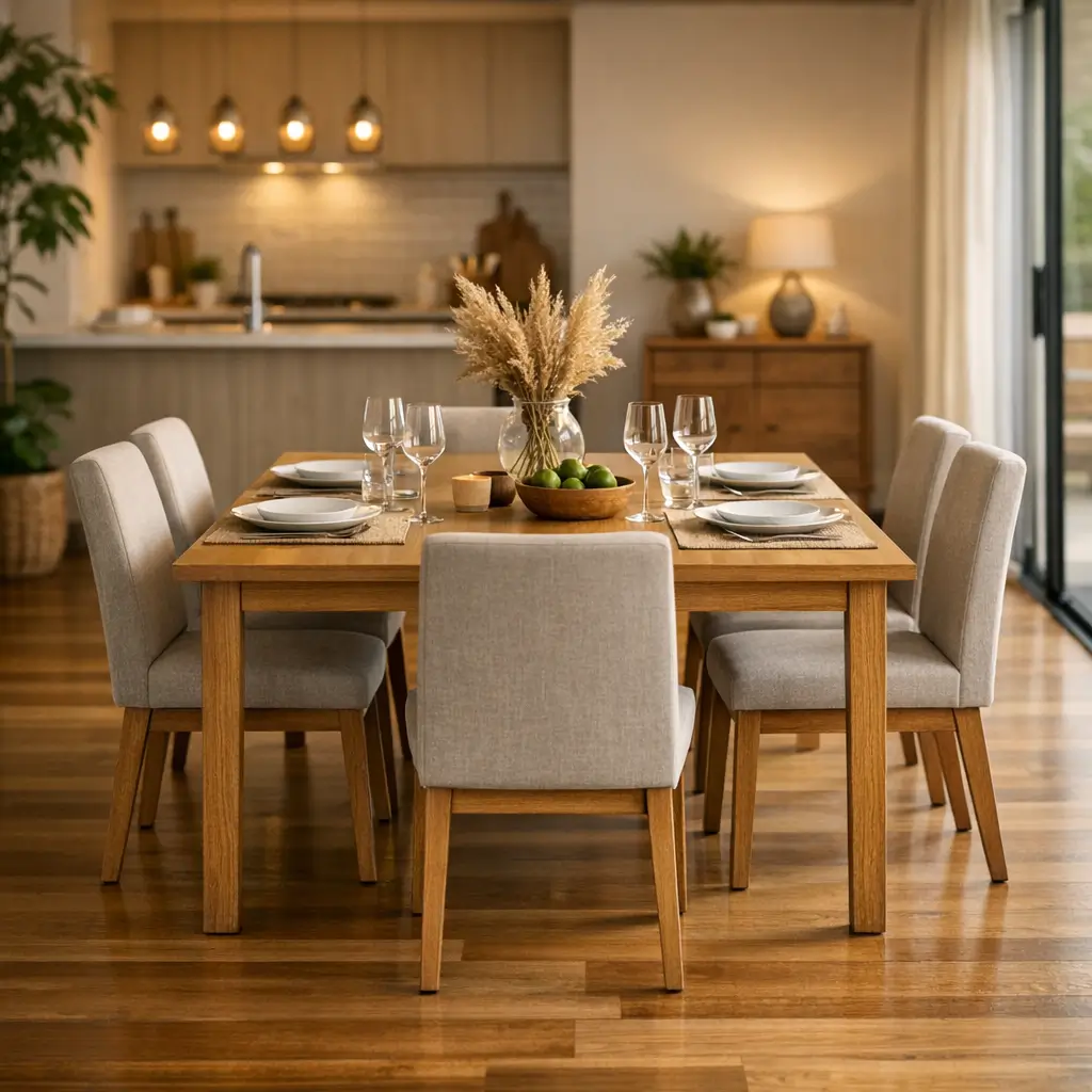 Mesa de jantar 6 lugares: medidas e espaço mínimo, mesa posta com 6 cadeiras em cozinha integrada