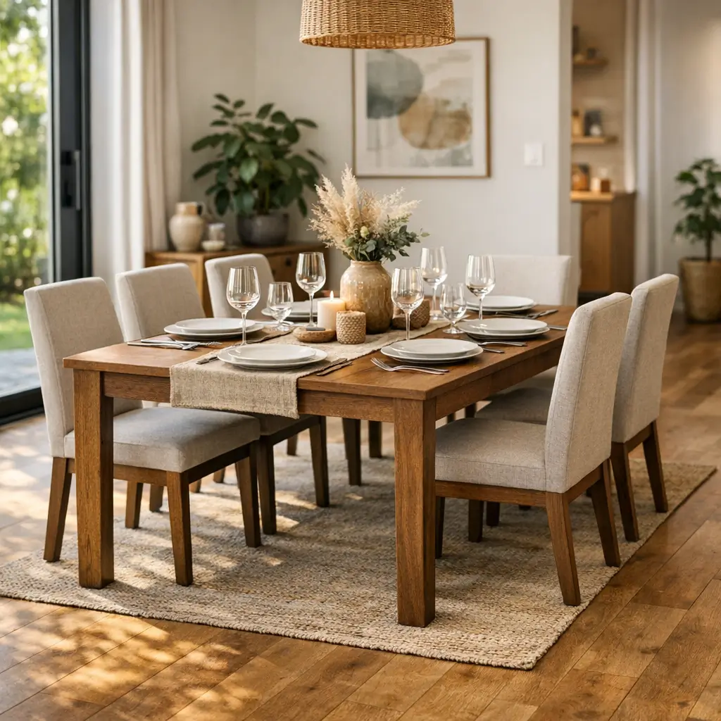 Mesa de jantar 6 lugares: medidas e espaço mínimo, mesa posta com 6 cadeiras, tapete e lustre pendente