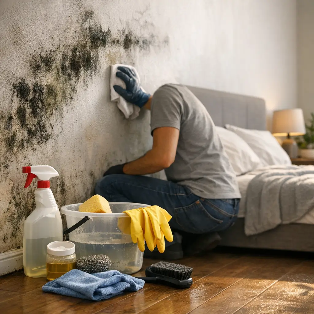 Mofo na parede do quarto: como limpar e evitar, homem limpando parede mofada com produtos no chão