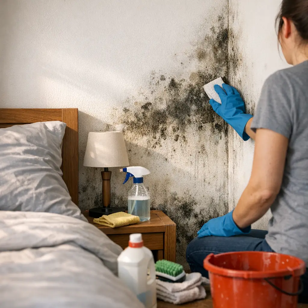 Mofo na parede do quarto: como limpar e evitar, luvas azuis limpando parede mofada ao lado da cama