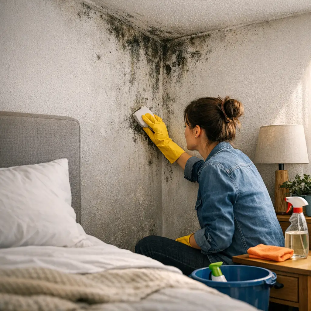 Mofo na parede do quarto: como limpar e evitar, mulher limpando parede mofada perto da cama