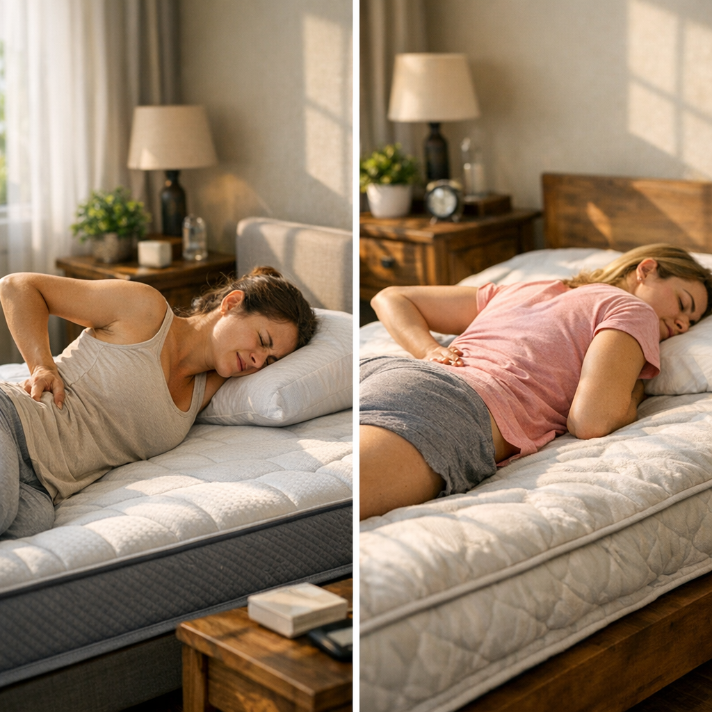 Mulher com dor na lombar e mulher dormindo de lado, Colchão para dor na lombar: firme ou macio?