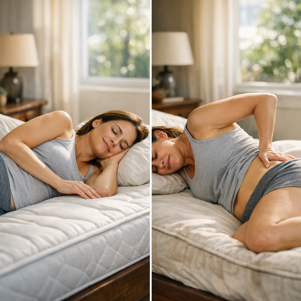 Mulher deitada de lado sorrindo e com dor, Colchão para dor na lombar: firme ou macio?