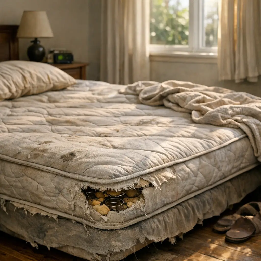 Quando trocar o colchão: 10 sinais de que já passou da hora, colchão sujo rasgado com molas expostas na cama