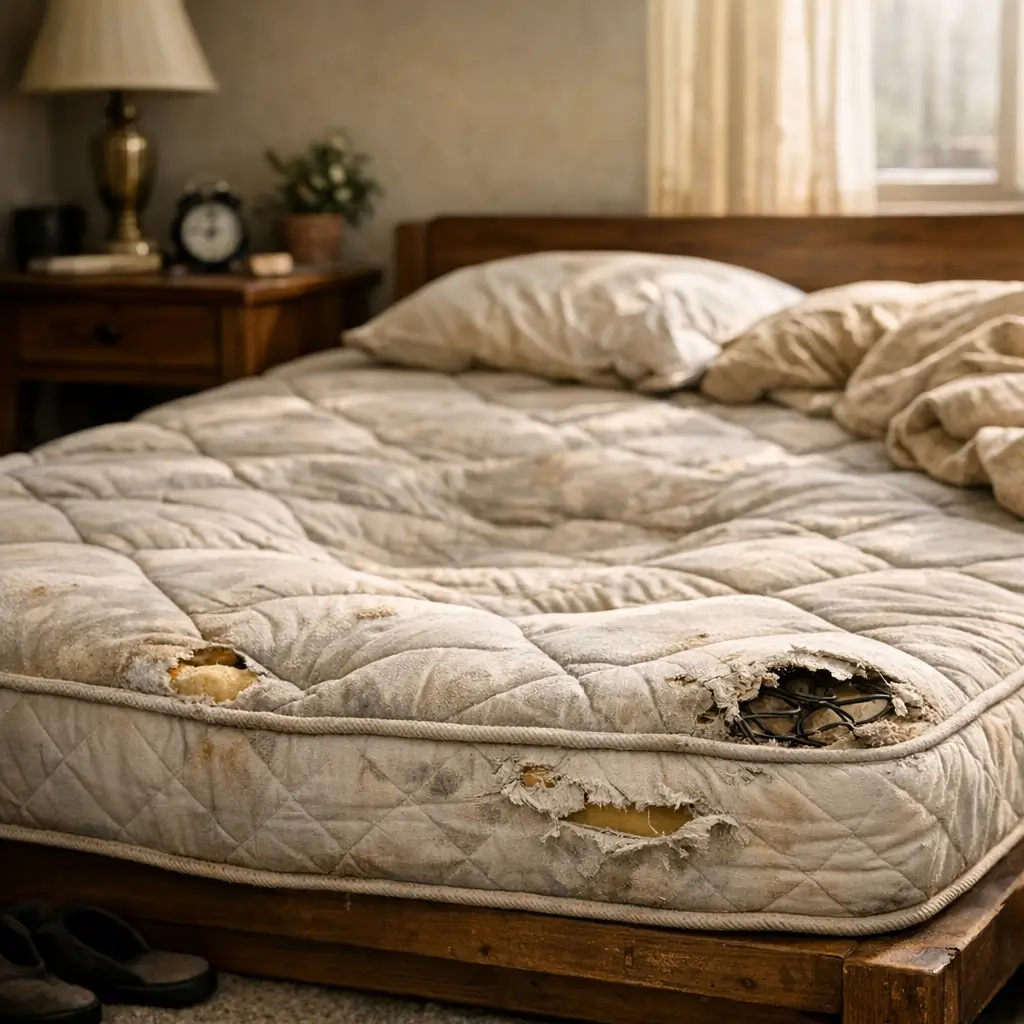 Quando trocar o colchão: 10 sinais de que já passou da hora, colchão velho rasgado com buracos e molas expostas na cama