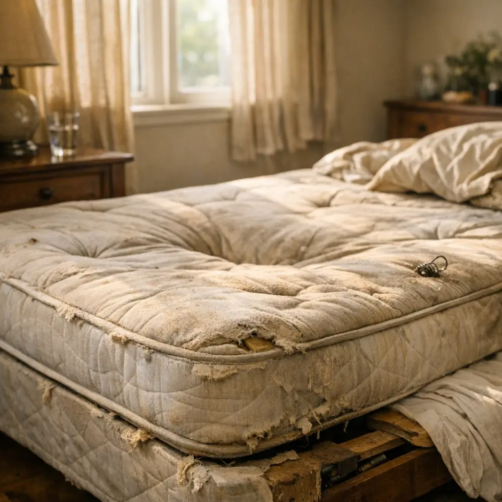 Quando trocar o colchão: 10 sinais de que já passou da hora, colchão velho rasgado e afundado na cama