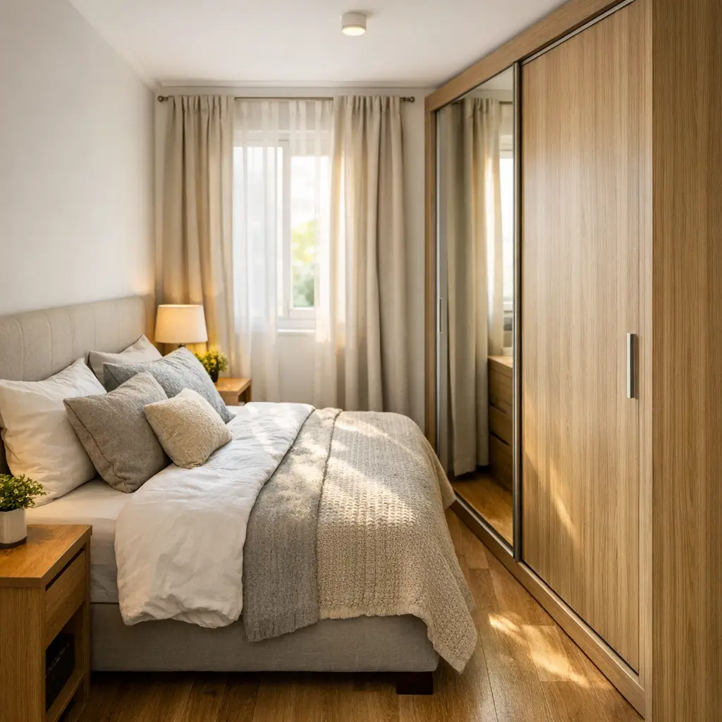 Quarto pequeno de casal: como organizar cama e guarda-roupa, cama com almofadas e guarda-roupa de correr com espelho perto da janela