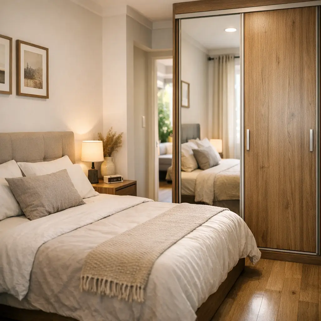 Quarto pequeno de casal: como organizar cama e guarda-roupa, cama com mesa de cabeceira e guarda-roupa de portas de correr com espelho