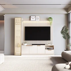 Rack Com Painel Tucuma Ripado 180cm Com Prateleira 1 Torre E Led 4 Portas 1 Gaveta Jb Bechara 30214