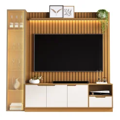 Rack Com Painel Tucuma Ripado 180cm Com Prateleira 1 Torre E Led 4 Portas 1 Gaveta Jb Bechara Nature Off White 88995