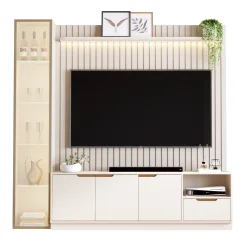 Rack Com Painel Tucuma Ripado 180cm Com Prateleira 1 Torre E Led 4 Portas 1 Gaveta Jb Bechara Off White 44025