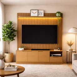 Rack Com Painel Tucuma Ripado 180cm Com Prateleira E Led 3 Portas 1 Gaveta Jb Bechara 29996