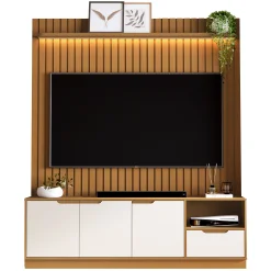 Rack Com Painel Tucuma Ripado 180cm Com Prateleira E Led 3 Portas 1 Gaveta Jb Bechara Nature Off White 29645