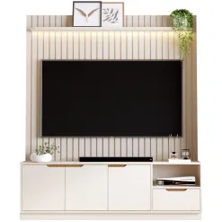 Rack Com Painel Tucuma Ripado 180cm Com Prateleira E Led 3 Portas 1 Gaveta Jb Bechara Off White 66004