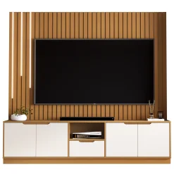 Rack Com Painel Tucuma Ripado 230cm Sem Prateleira Com Led Cascata 4 Portas 1 Gaveta Jb Bechara Nature Off White 27313