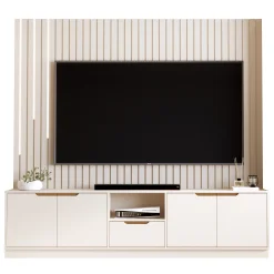 Rack Com Painel Tucuma Ripado 230cm Sem Prateleira Com Led Cascata 4 Portas 1 Gaveta Jb Bechara Off White 43182