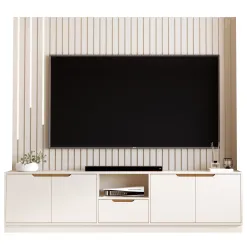 Rack Com Painel Tucuma Ripado 230cm Sem Prateleira Com Led Cascata 4 Portas 1 Gaveta Jb Bechara Off White 43182