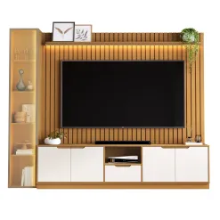 Rack Com Painel Tucuma Ripado 230cm Com Prateleira 1 Torre E Led 5 Portas 1 Gaveta Jb Bechara Nature Off White 97793