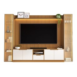 Rack Com Painel Tucuma Ripado 230cm Com Prateleira 2 Torres E Led 6 Portas 1 Gaveta Jb Bechara Nature Off White 19753