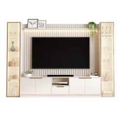 Rack Com Painel Tucuma Ripado 230cm Com Prateleira 2 Torres E Led 6 Portas 1 Gaveta Jb Bechara Off White 75003