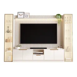 Rack Com Painel Tucuma Ripado 230cm Com Prateleira 2 Torres E Led 6 Portas 1 Gaveta Jb Bechara Off White 75003