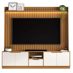 Rack Com Painel Tucuma Ripado 230cm Com Prateleira E Led 4 Portas 1 Gaveta Jb Bechara Nature Off White 11431